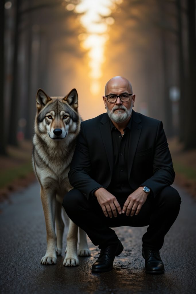 flux dev a middleaged man in a black suit sitting beside a lar 1