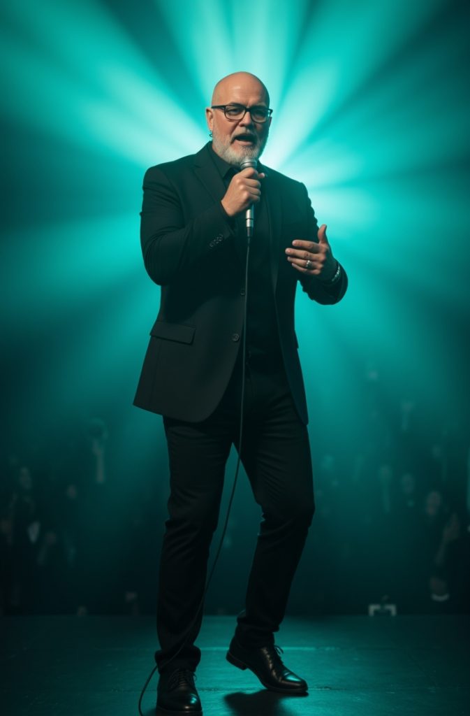 flux dev cinematic wide shot of a bald man with glasses and be 1